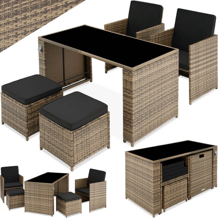 Tectake wicker zitgroep 5-delige lounge tuinmeubelset met tafel fauteuil en kruk eetgroep voor maximaal 4 personen tuin- en balkonmeubilair inclusief kussens – natuurkleur poly-rattan