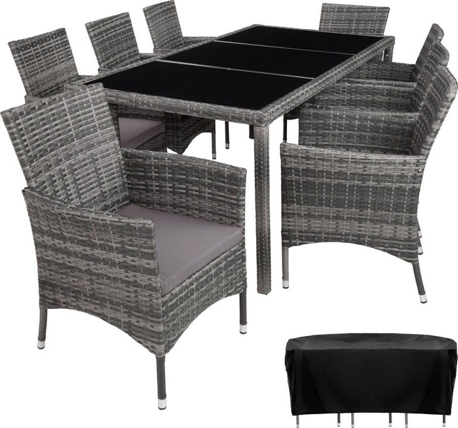 Tectake Wicker zitgroep 8 stoelen en tafel incl. beschermhoes grijs donkergrijs- 404328