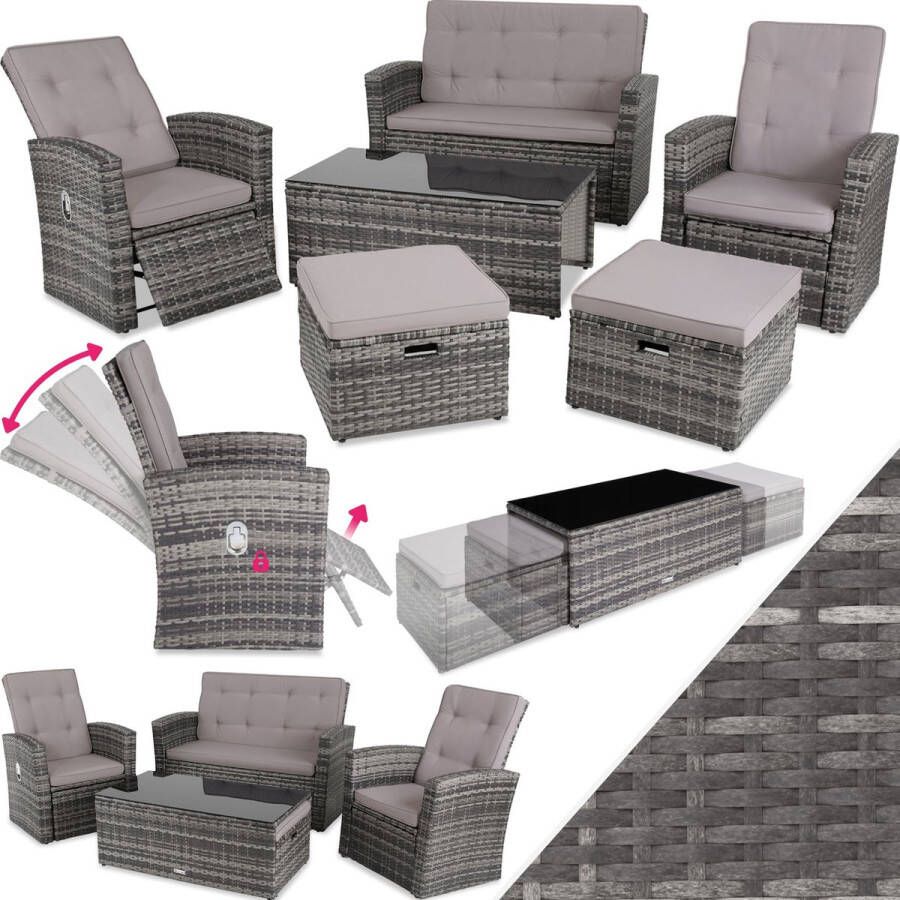 Tectake wicker zitgroep balkonlounge voor 6 personen 2 fauteuils 2 krukken 1 bank 1 tafel met glazen blad tuinmeubelset balkonmeubel loungemeubel weerbestendig- grijs poly-rattan