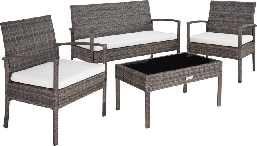 Tectake wicker tuinmeubelen weerbestendig tuinset met 2x fauteuils 1x tuinbank 1x tafel outdoor loungemeubelset voor tuin terras en balkon grijs poly-rattan