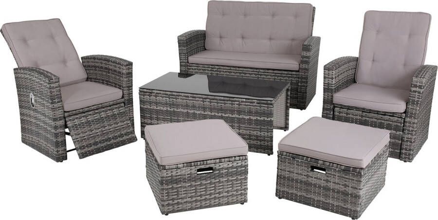 Tectake wicker zitgroep balkonlounge voor 6 personen 2 fauteuils 2 krukken 1 bank 1 tafel met glazen blad tuinmeubelset balkonmeubel loungemeubel weerbestendig- grijs poly-rattan