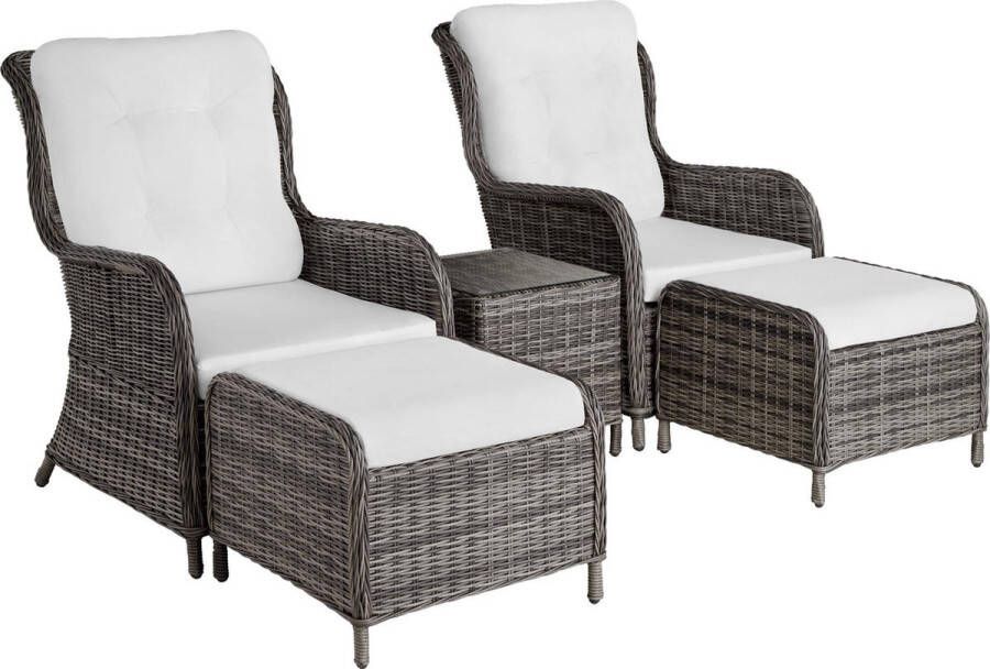 Tectake 2x premium wicker fauteuils met kruk en tafel relaxfauteuil voor tuin terras en balkon lounge tuinmeubelset weerbestendig variabel tuinstoelen leesstoel en ligstoel grijs poly-rattan