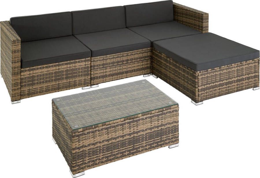 Tectake wicker lounge inclusief zitkussens rugkussens en glazen tafel balkonmeubel lounge tuinmeubelset voor terras balkon of tuin natuurkleur poly-rattan