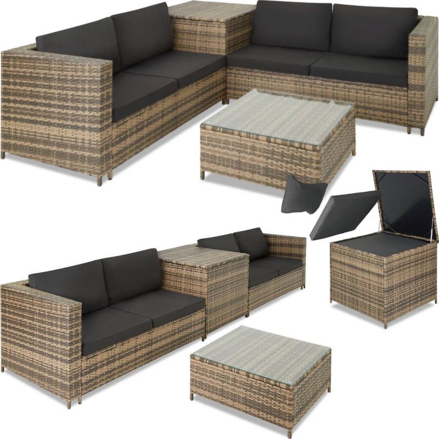 Tectake wicker zitgroep loungeset voor 4 personen balkonset met zitkussens opbergbox buiten en buitensalontafel met glazen blad balkonmeubel – Siena natuur poly-rattan