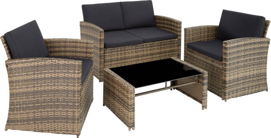 Tectake Wicker zitgroep tuinset loungeset Lucca bank 2 stoelen tafel met glasplaat natuurkleur 404916 poly-rattan