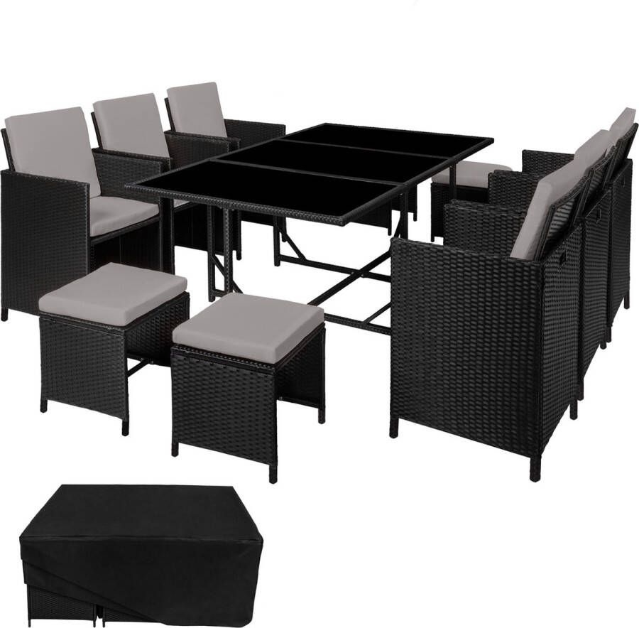 Tectake outdoor balkon tuinmeubelset lounge met 6 stoelen 4 krukken 1 tafel en beschermhoes wicker vlechtwerk weerbestendig ruimtebesparend zwart grijs poly-rattan