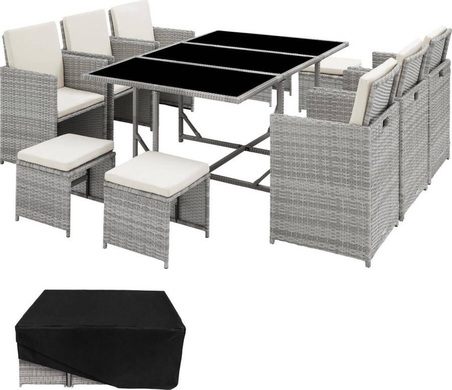 Tectake outdoor balkon tuinmeubelset lounge met 6 stoelen 4 krukken 1 tafel en beschermhoes wicker vlechtwerk weerbestendig ruimtebesparend lichtgrijs poly-rattan