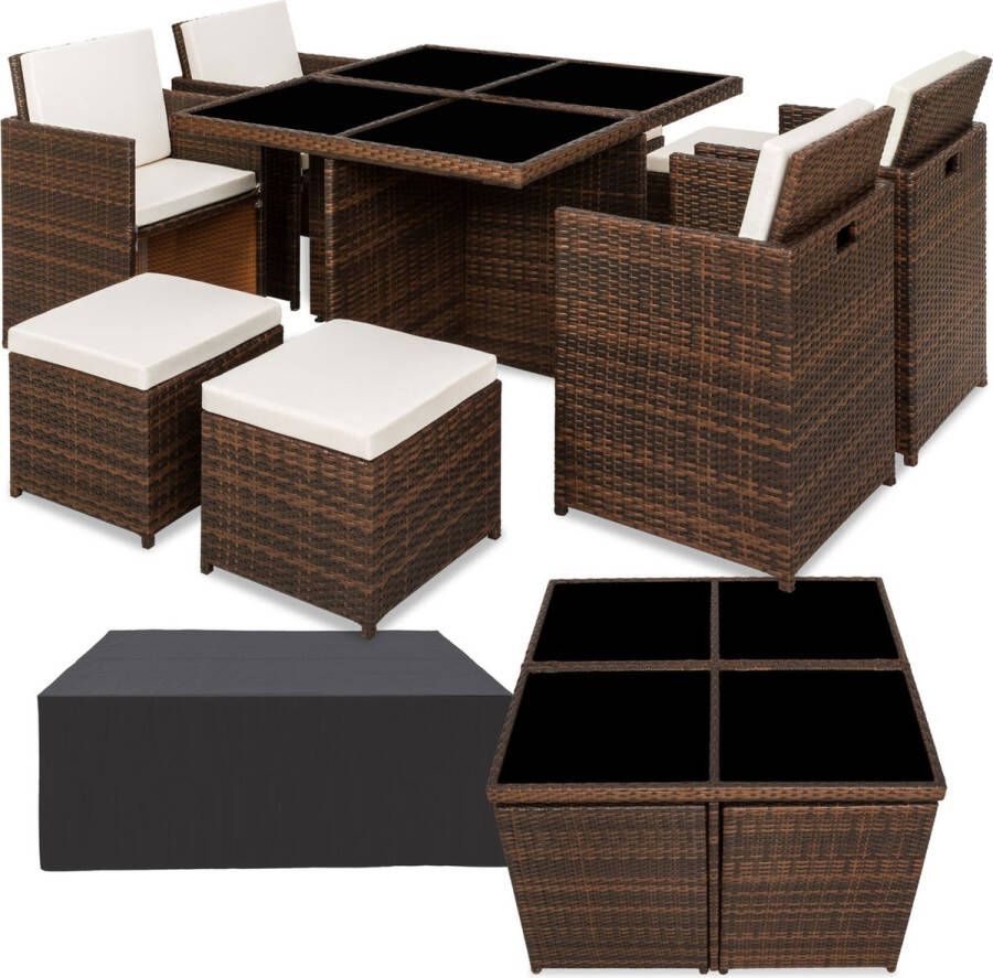 Tectake Wicker zitgroep Manhattan Tuinset met eettafel 4 stoelen en 4 hockers Incl. 2 sets kussenhoezen en beschermhoes zwart bruin