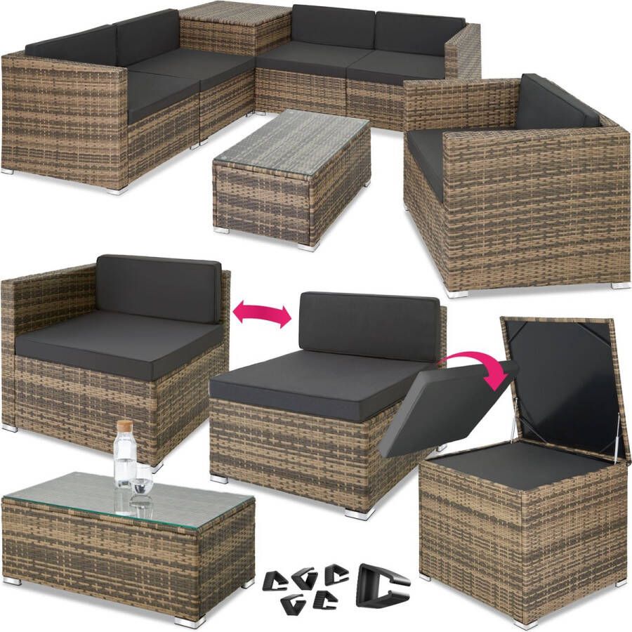 Tectake wicker zitgroep met opbergbox voor kussens tafel met glazen blad vrij te groeperen tuinmeubelset wicker lounge voor de tuin balkonmeubel voor kleine balkons natuurkleur poly-rattan