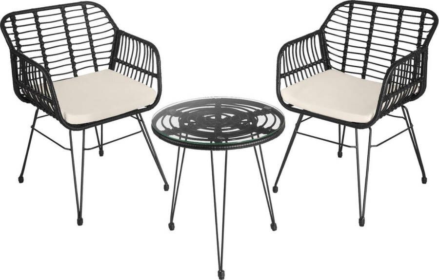 Tectake outdoor wicker zitgroep meubel voor 2 personen 3-delig. Bistroset balkonmeubel tuinmeubelset met 2x stoelen + tafel kleine lounge weerbestendig voor tuin balkon of terras zwart poly-rattan