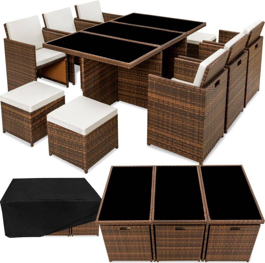 Tectake Wicker zitgroep New York Tuinset met eettafel 6 stoelen en 4 hockers Incl. 2 sets kussenhoezen en beschermhoes zwart bruin