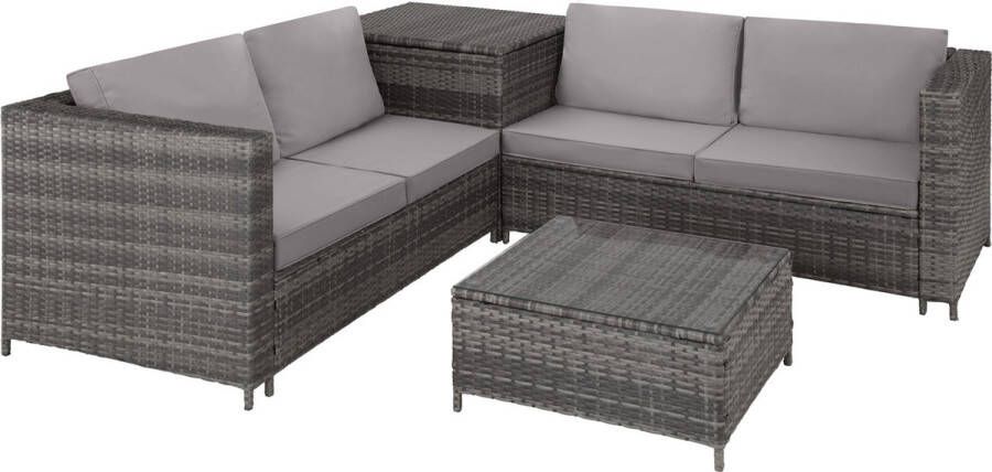 Tectake wicker zitgroep loungeset voor 4 personen balkonset met zitkussens opbergbox buiten en buitensalontafel met glazen blad balkonmeubel – Siena grijs poly-rattan