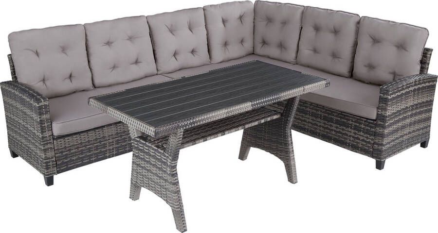 Tectake Wicker zitgroep tuinbank set met bank en eettafel hoekbank buitenlounge zithoek weerbestendig als tuinlounge balkonmeubel wintertuin terras grijs