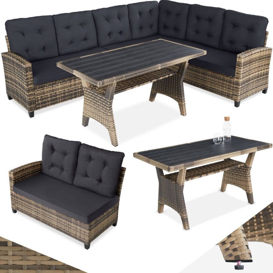 Tectake Wicker zitgroep tuinbank set met bank en eettafel hoekbank buitenlounge zithoek weerbestendig als tuinlounge balkonmeubel wintertuin terras natuur