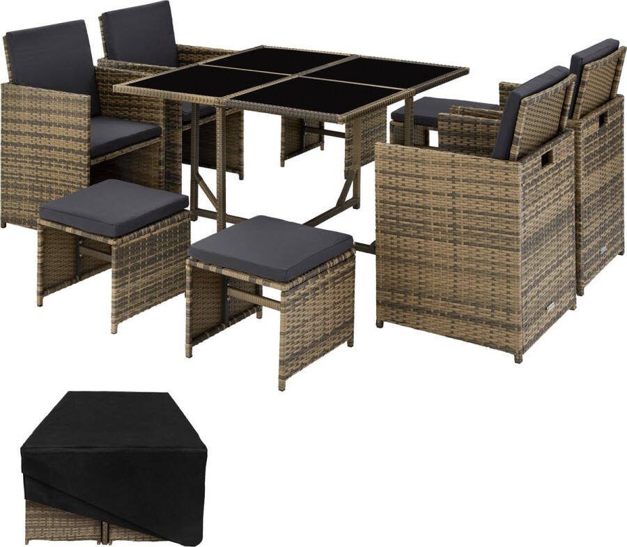 Tectake -wicker loungemeubelset zitgroep 4x stoelen 1x tafel 4x krukken weerbestendig en ruimtebesparend inclusief beschermhoes outdoor wicker tuinmeubelen voor balkon tuin en terras natuurkleur