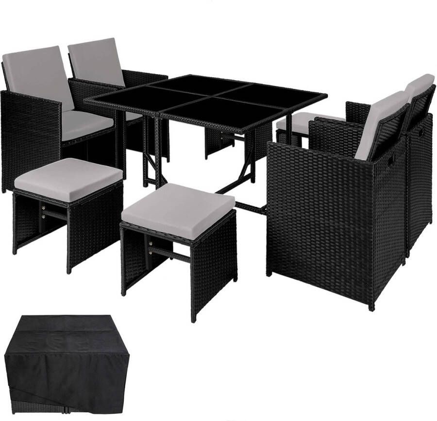 Tectake -wicker loungemeubelset zitgroep 4x stoelen 1x tafel 4x krukken weerbestendig en ruimtebesparend inclusief beschermhoes outdoor wicker tuinmeubelen voor balkon tuin en terras zwart grijs