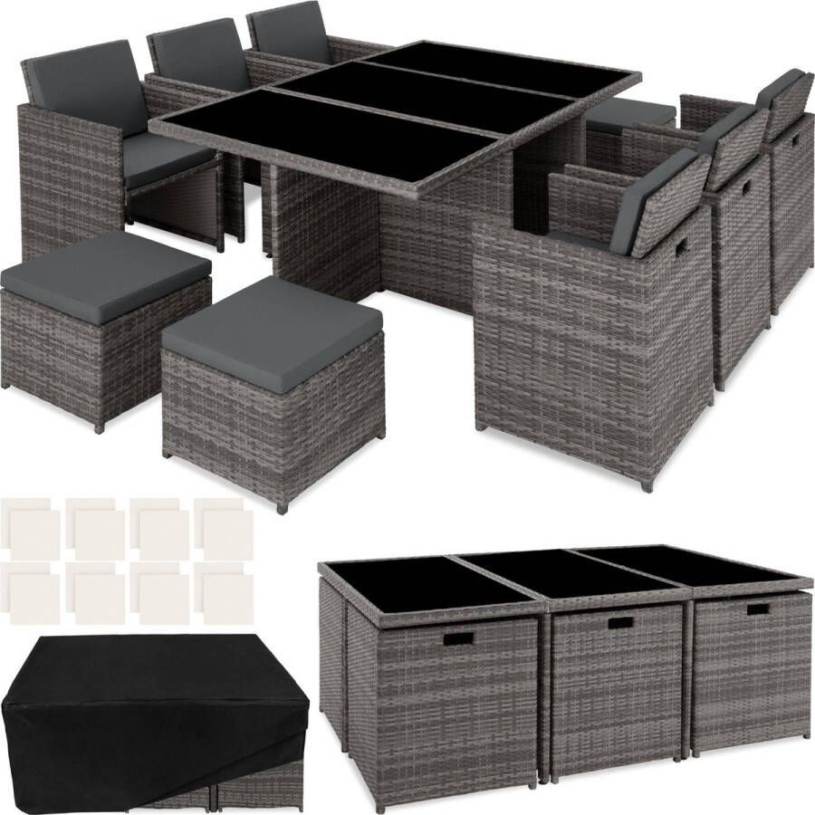 Tectake Wicker zitgroep tuinset eettafel tuintafel New York incl. 2 kleuren kusssenhoezen en beschermhoes grijs 403821