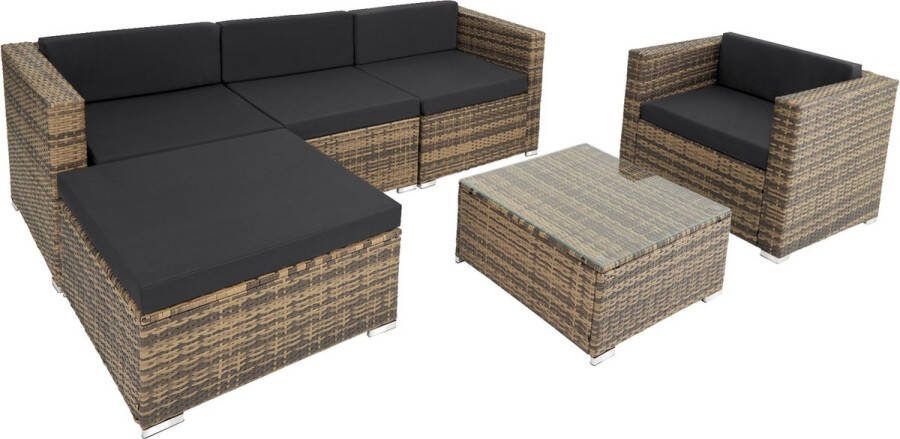 Tectake Wicker loungeset Milano luxe buitentuinmeubel inclusief zit- en rugkussens balkonmeubel tuinmeubelset met bank fauteuil en tafel met glasplaat natuurkleur