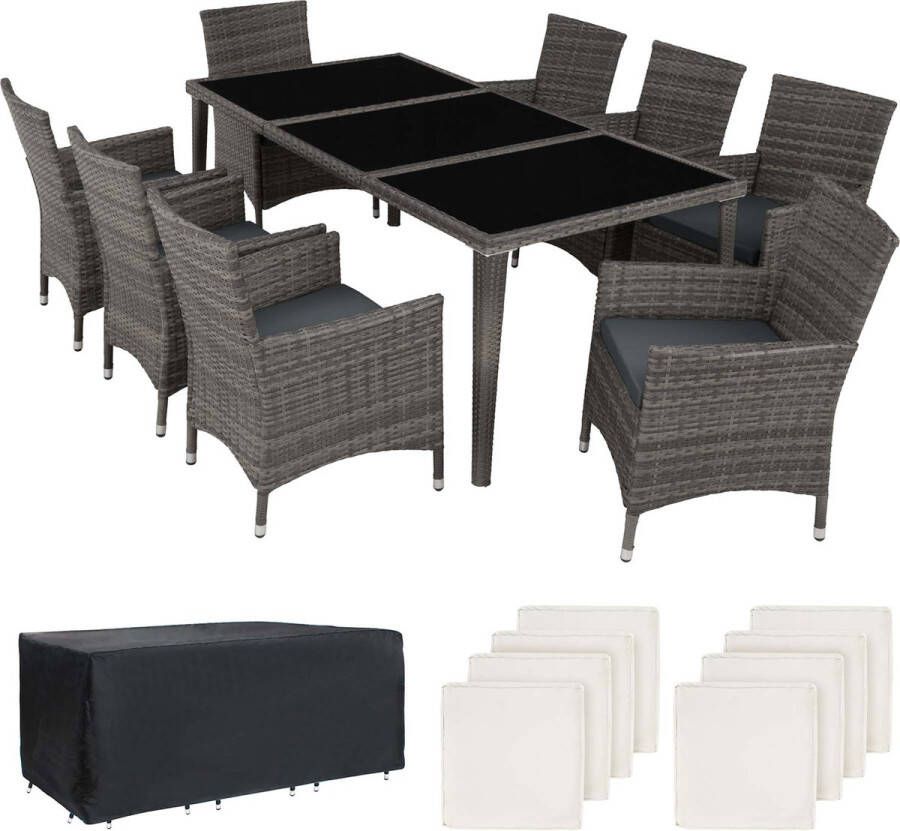 Tectake Aluminium Wicker Tuinmeubelset 8 Stoelen met Tafel met Glazen Blad Inclusief 2 Hoezensets en Beschermhoes Weerbestendig Balkonmeubilair Grijs