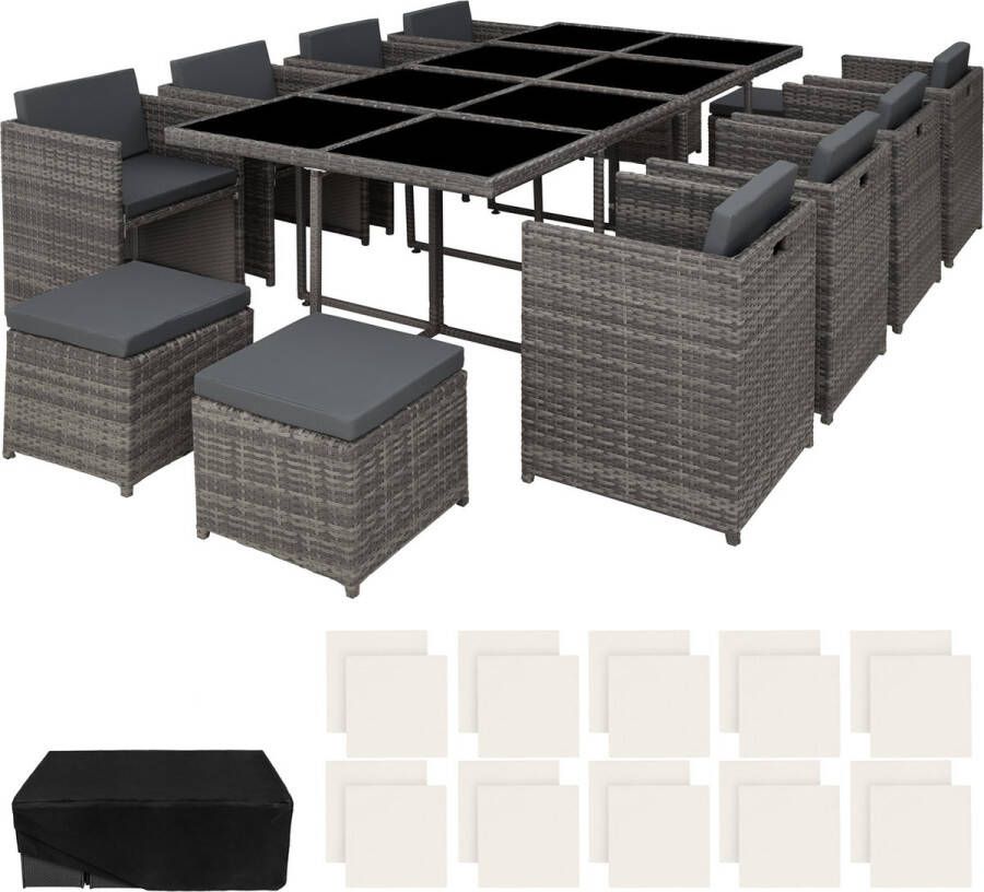 Tectake loungemeubelset 8x stoelen 4x krukken 1x tafel outdoor polyrotan tuinmeubels voor balkon tuin en terras met hoes en verwisselbare hoezen grijs
