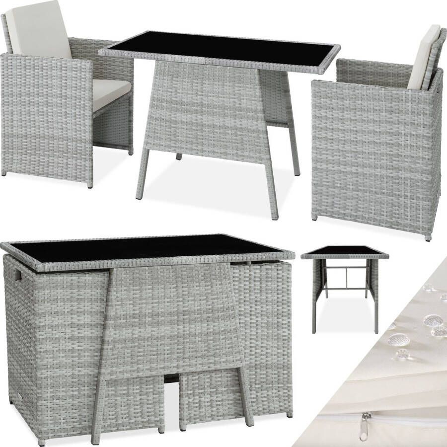 Tectake wicker zitgroep voor 2 personen ruimtebesparend buitenmeubilair 2 fauteuils en 1 tafel ideale balkonloungeset tuinmeubelen terrasmeubilair weerbestendig lichtgrijs poly-rattan