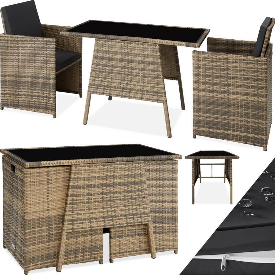 Tectake wicker zitgroep voor 2 personen ruimtebesparend buitenmeubilair 2 fauteuils en 1 tafel ideale balkonloungeset tuinmeubelen terrasmeubilair weerbestendig natuurkleur poly-rattan