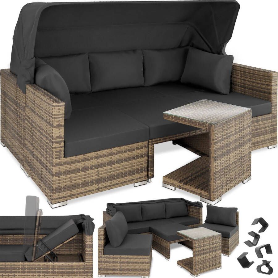 Tectake Wicker zonneeiland zitgroep loungemeubelset inclusief bank met zonnekap kruk fauteuils en tafel tuinmeubilair loungemeubel balkon en tuin terrasmeubilair weerbestendig natuurkleur beige