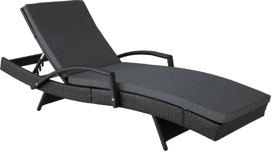 Tectake Wicker ligstoel ligbed zonnebed Verstelbare rugleuning (5 standen) Incl. ligkussen met wasbare hoes zwart poly-rattan