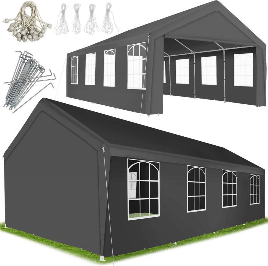 Tectake partytent 4x8 tuinpaviljoen tuintent met waterdicht zeildoek partytent met UV-bescherming evenemententent met ramen paviljoen voor tuin festival bruiloft feest camping grijs