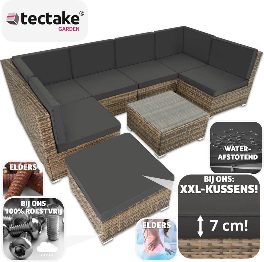 Tectake XXL wicker lounge tuinmeubelset zitgroep balkonmeubel met 6 zitplaatsen 1 tafel 1 kruk inclusief zitkussens buiten lounge weerbestendig voor tuin balkon terras natuur poly-rattan