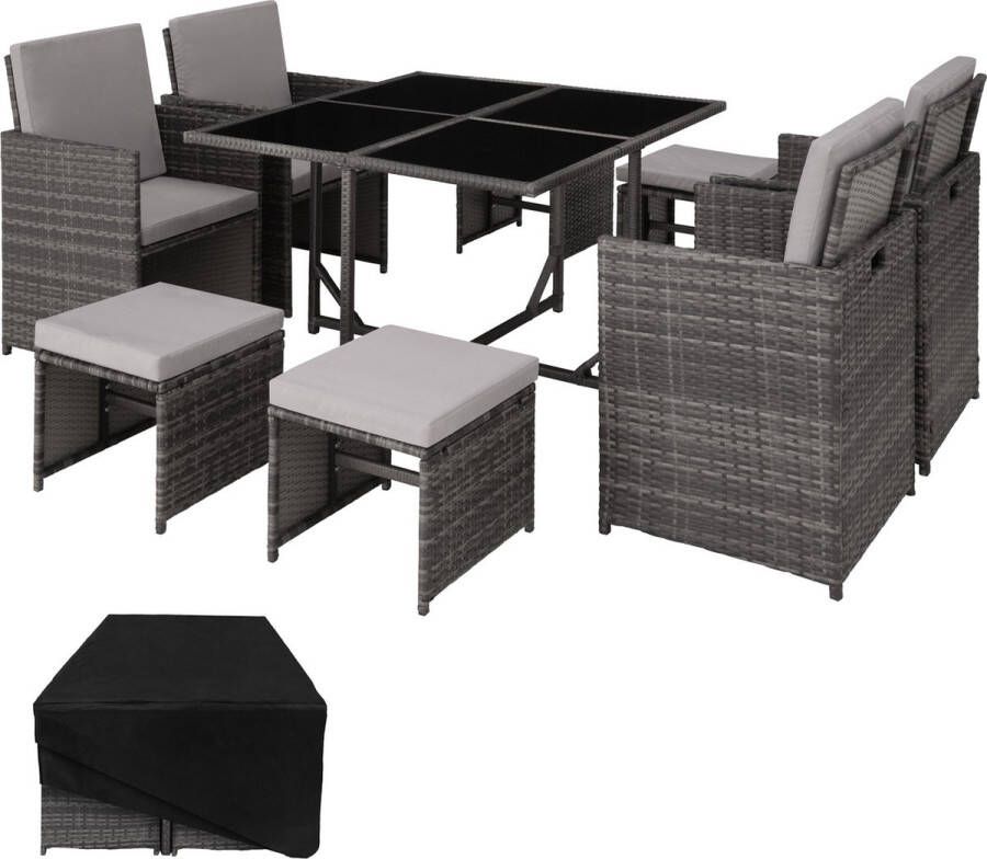 Tectake -wicker loungemeubelset zitgroep 4x stoelen 1x tafel 4x krukken weerbestendig en ruimtebesparend inclusief beschermhoes outdoor wicker tuinmeubelen voor balkon tuin en terras grijs poly-rattan