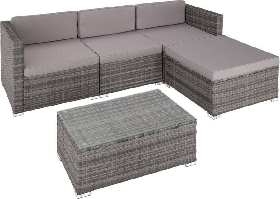Tectake wicker lounge inclusief zitkussens rugkussens en glazen tafel balkonmeubel lounge tuinmeubelset voor terras balkon of tuin grijs poly-rattan