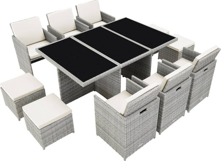 Tectake Wicker zitgroep tuinset eettafel tuintafel New York incl. 2 kleuren kusssenhoezen en beschermhoes grijs 403821