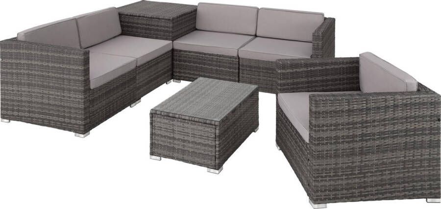 Tectake wicker zitgroep met opbergbox voor kussens tafel met glazen blad vrij te groeperen tuinmeubelset wicker lounge voor de tuin balkonmeubel voor kleine balkons grijs poly-rattan