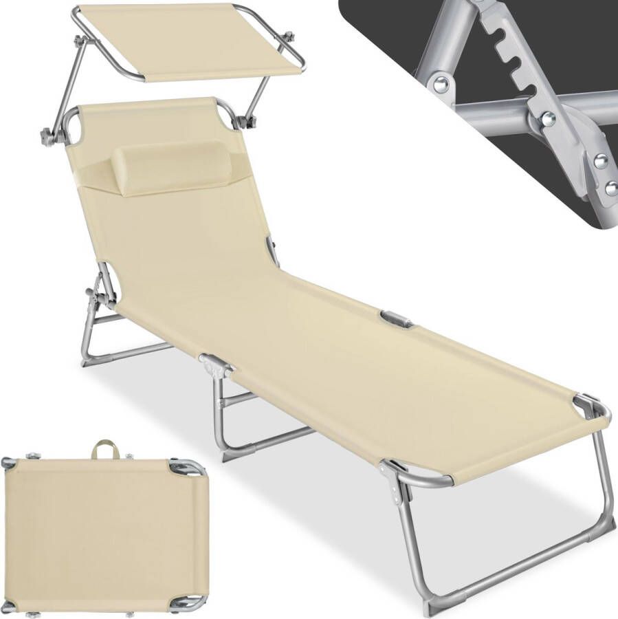 Tectake ligstoel robuust verstelbaar stalen onderstel met zonnescherm 4-standen rugleuning inclusief hoofdkussen strandstoel Ideaal voor tuin zwembad camping– beige 68 x 190 x 28 cm