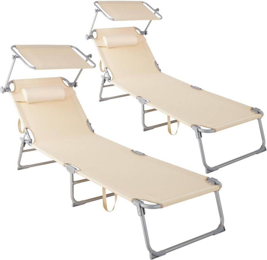 Tectake 2 x ligbed set van 2 zonnebedden 4 standen inklapbaar Met handgreep beige 68 x 190 x 28 cm