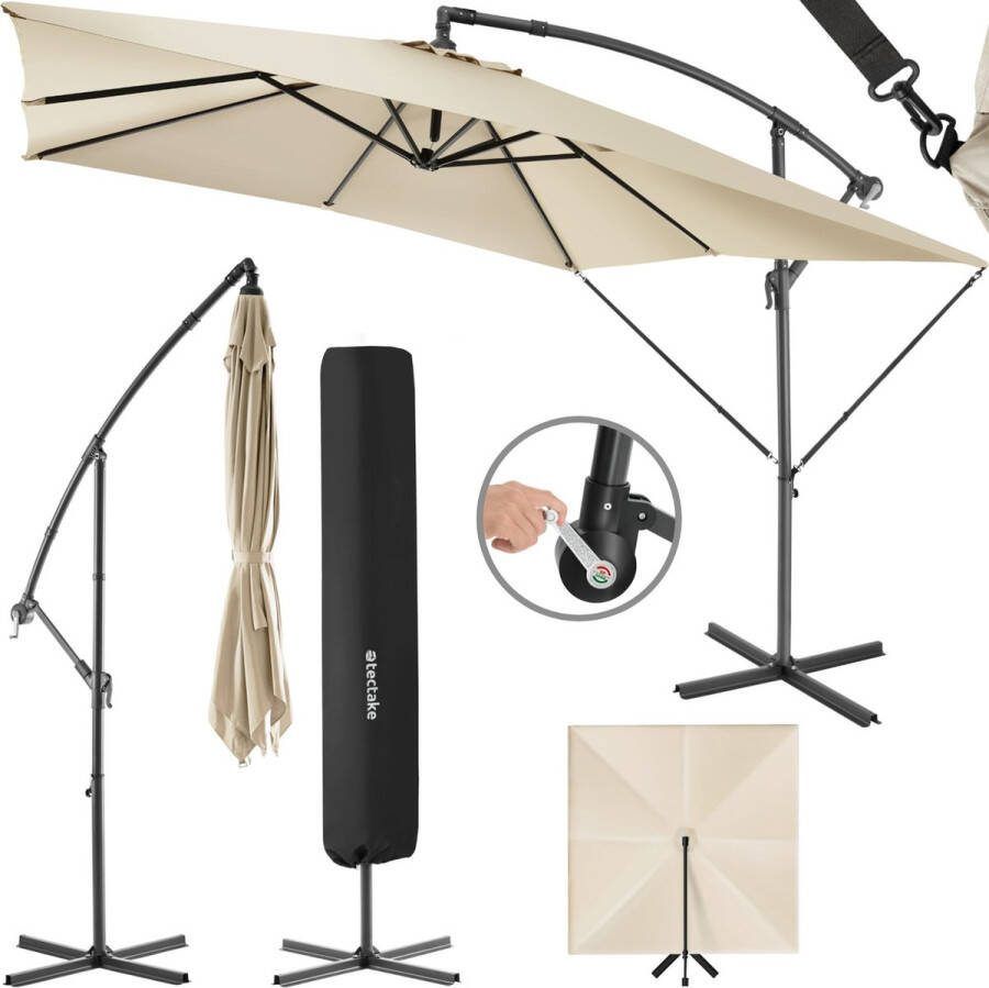 Tectake Zweefparasol Apollon Vierkant 250 x 250 cm Terrasparasol Grote parasol Incl. windbeveiliging en beschermhoes beige