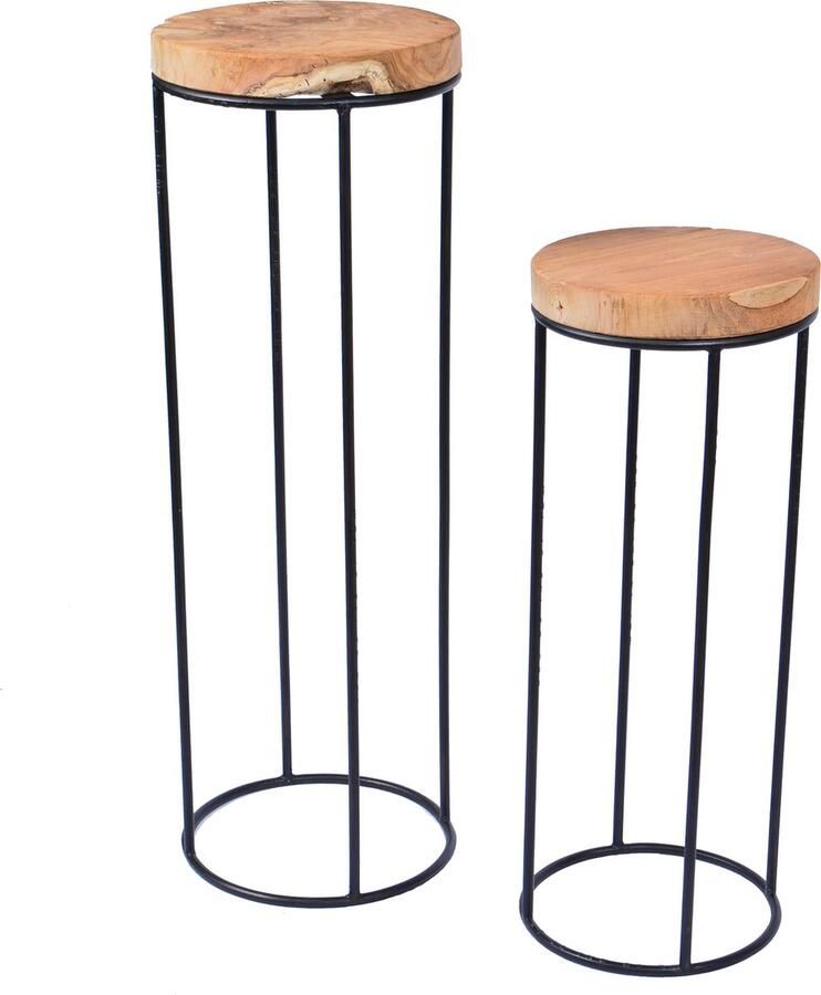 TED Plantentafel Rond 2-delig Handgemaakt van teakhout en stalen frame