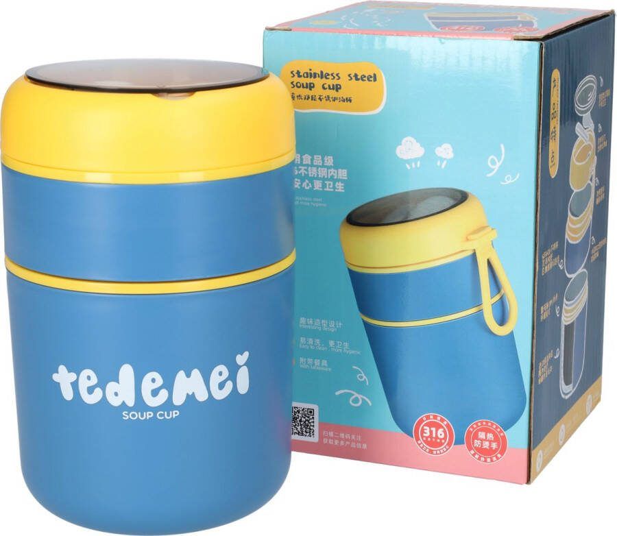Tedemei Voedselcontainer Schattige Thermosbeker Met Serviesvak met Lepel 2-Laags Design 710ml Geel & Blauw