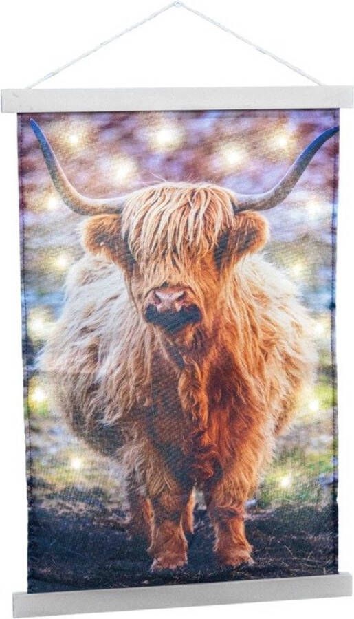 Teeninga Palmen Kerstdecoraties Wandkleed Schotse Hooglander Met 40 Led Warm Wit 75x120cm Excl. 3xaa Batt