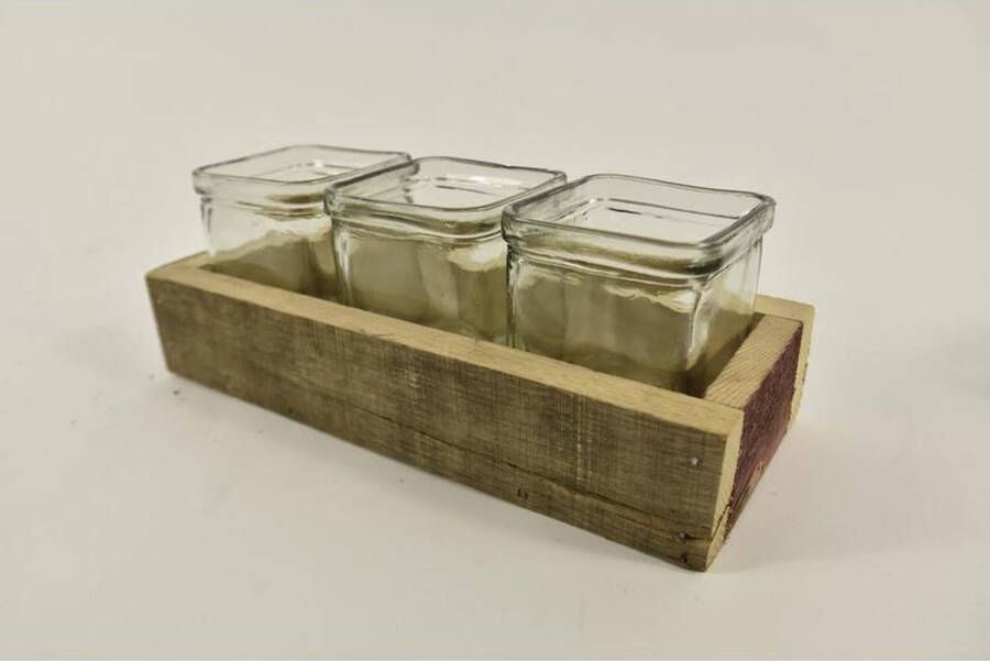 Teeninga Palmen Sfeerlichten Houten Tray Met 3 Accuglazen 19x11x10cm Natural