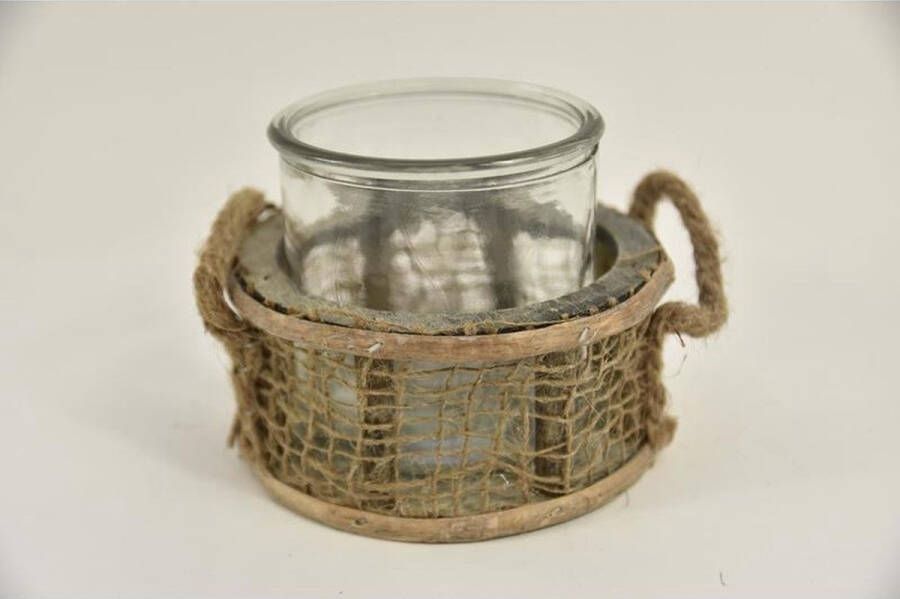 Teeninga Palmen Sfeerlichten Windlicht Rond ''jute'' Met 1 Cil.glas En Oren D14 H10cm Naturel