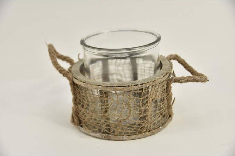 Teeninga Palmen Sfeerlichten Windlicht Rond ''jute'' Met 1 Cil.glas En Oren D16 H13cm Naturel