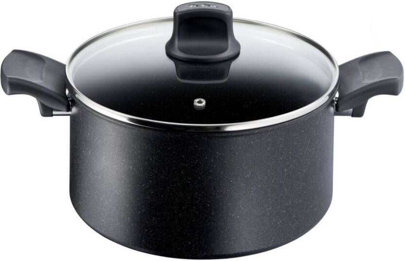 Tefal Black Stone Hoogwaardig Aluminium Kookpan Met Glazen Deksel Thermosignal 5 2L 24 cm Zwart
