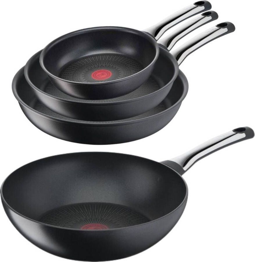 Tefal Excellence Pannenset Koekenpannen Ø20 24 28cm + Wokpan Ø28cm Inductie Aluminium Zwart
