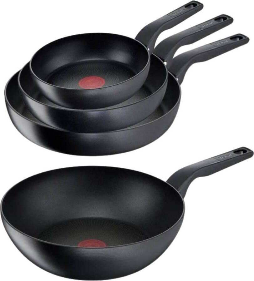 Tefal Hard Titanium Pro Pannenset Koekenpannen Ø20 24 28cm + Wokpan Ø28cm Pannen Inductie Aluminium Zwart