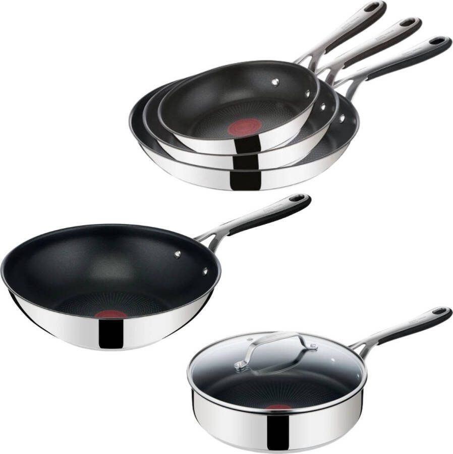 Tefal Jamie Oliver Kitchen Essentials Pannenset Koekenpannen Ø20 24 28cm + Wokpan Ø28cm + Hapjespan Ø25cm RVS Inductie