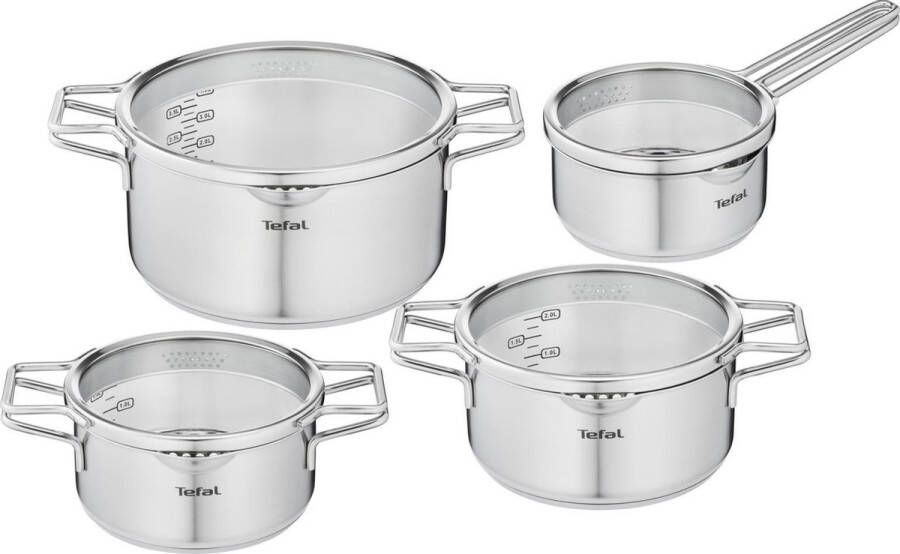Tefal Nordica Pannenset 8-delig RVS Gemakkelijk kookvocht afgieten Geschikt voor alle warmtebronnen Inclusief deksels