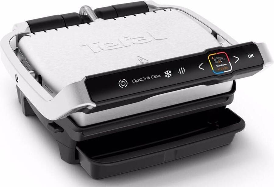 Tefal Contactgrill GC750D OptiGrill Elite elektrische binnengrill 12 automatische grillprogramma's intuïtieve sensor grillboostfunctie vaatwasmachinebestendige accessoires receptenboek-app