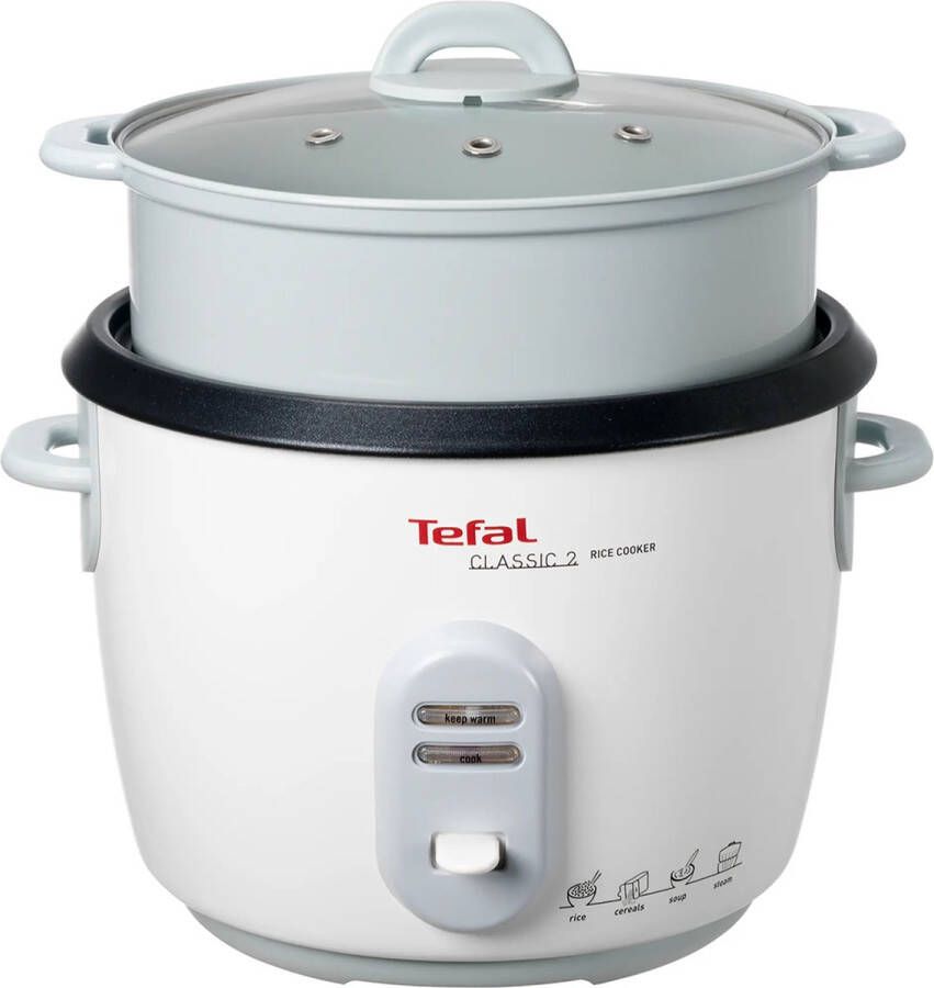 Tefal Rijstkoker RK1011 voorgeprogrammeerde kookprogramma's max. 10 kopjes (5 liter) automatische warmhoudfunctie handmatige aanpassingen perfect gegaarde rijst stoommand voor bijv. groente